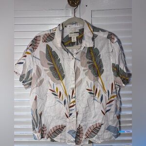 Cynthia Rowley Womens Medium 100% Linen Shirt Leaf Print Button Front Summer